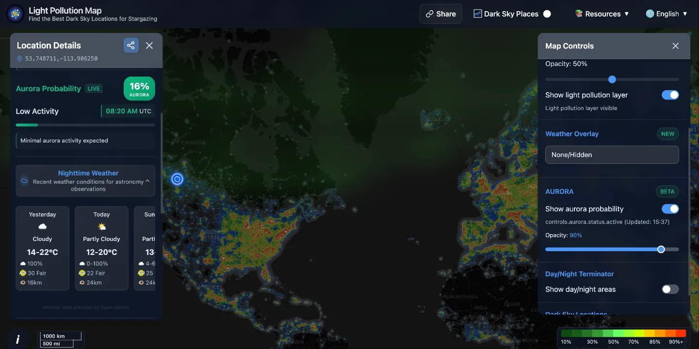 Aurora Probability Map - Real-time northern lights forecast and visibility predictions Aurora probability map screenshot showing northern lights forecast with color-coded intensity levels across northern regions