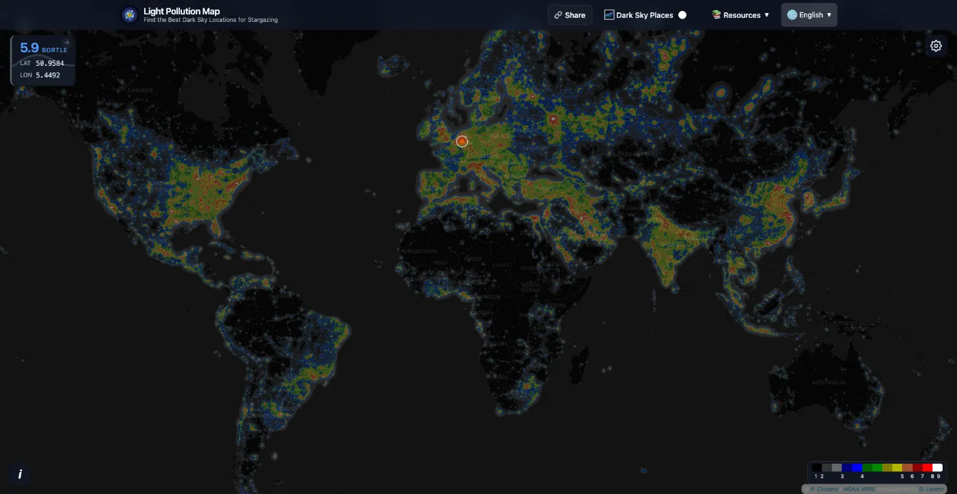 Worldwide Light Pollution Map - Global view of light pollution distribution Global light pollution map worldwide showing light pollution levels across different continents and countries with color-coded intensity