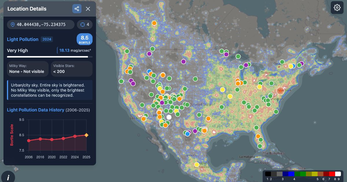 US Light Pollution Map - Interactive map showing light pollution levels and dark sky locations United States light pollution map with dark sky places and stargazing locations marked in different colors